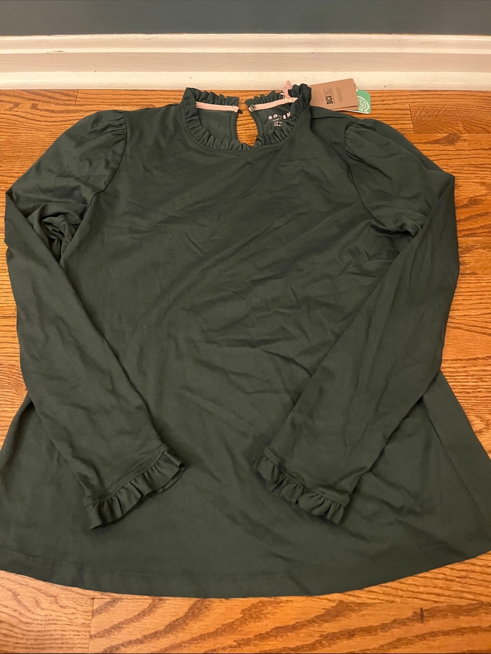 Boden Supersoft Frill Detail Top Long Sleeve Deep Green Color